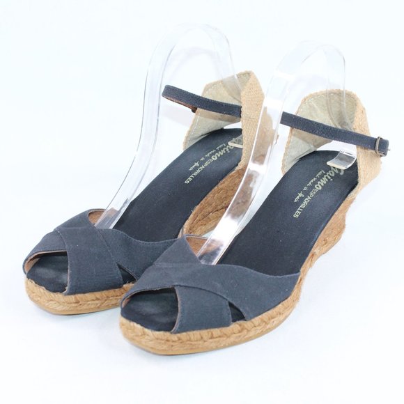 Gaimo Espadrilles Black Canvas Wedge Heel Ankle Strap Open Toe Sandal #132 - Picture 5 of 10